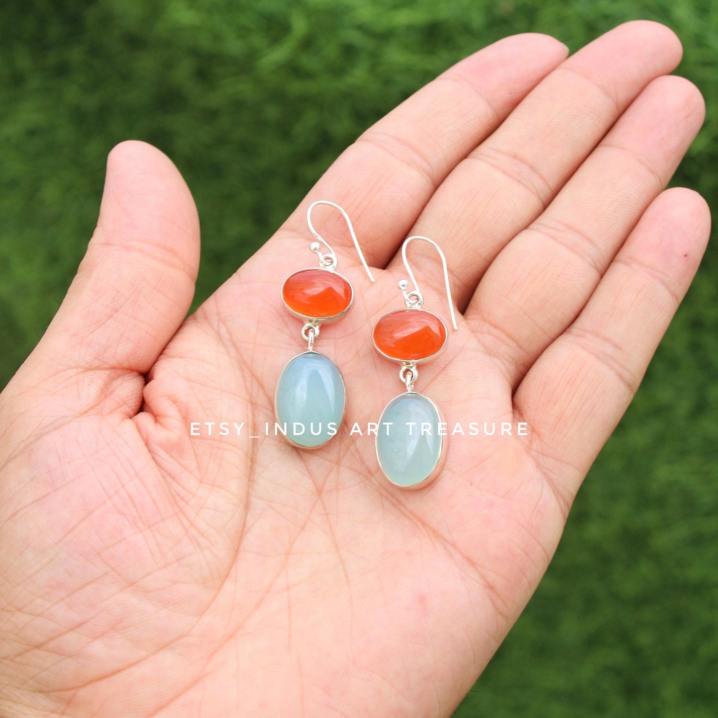 Orange Carnelian- Aqua Chalcedony Earrings