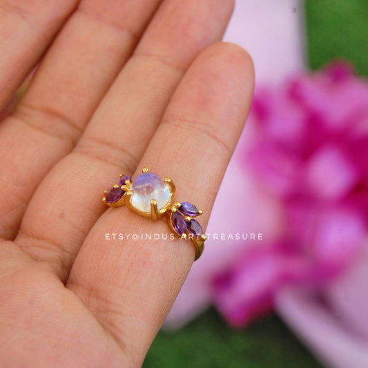 Rainbow Moonstone -Amethyst Dainty 18k Gold Plated Ring