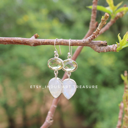 Natural Moonstone- Lemon Quartz Dangle Earrings