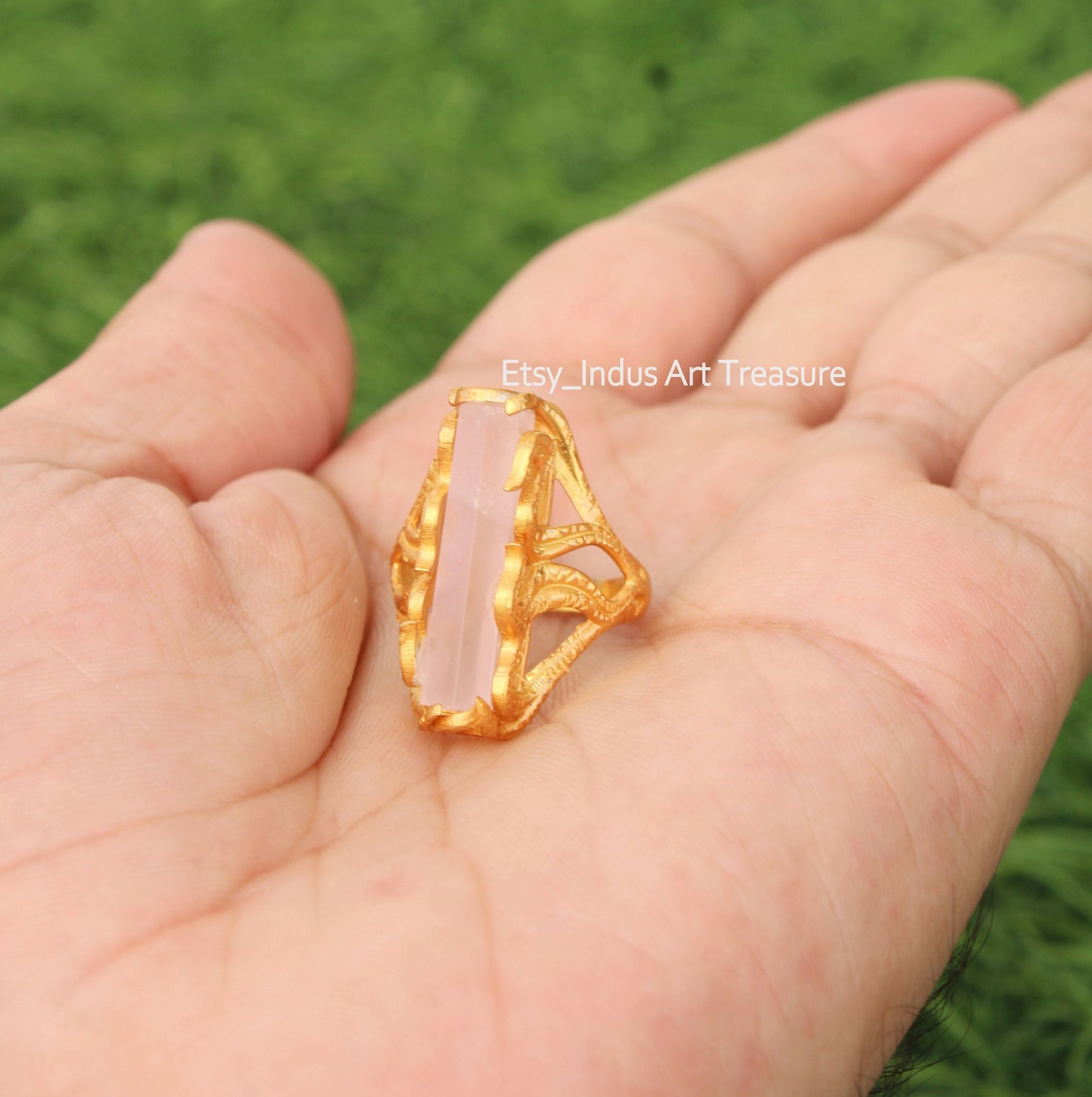 Rose Quartz Floral Embossed 18k Gold Plated Ring