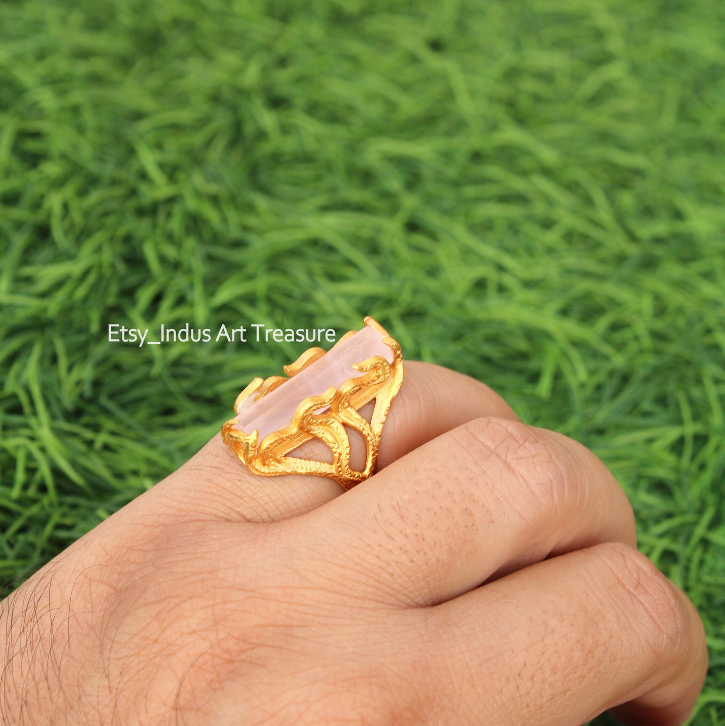 Rose Quartz Floral Embossed 18k Gold Plated Ring