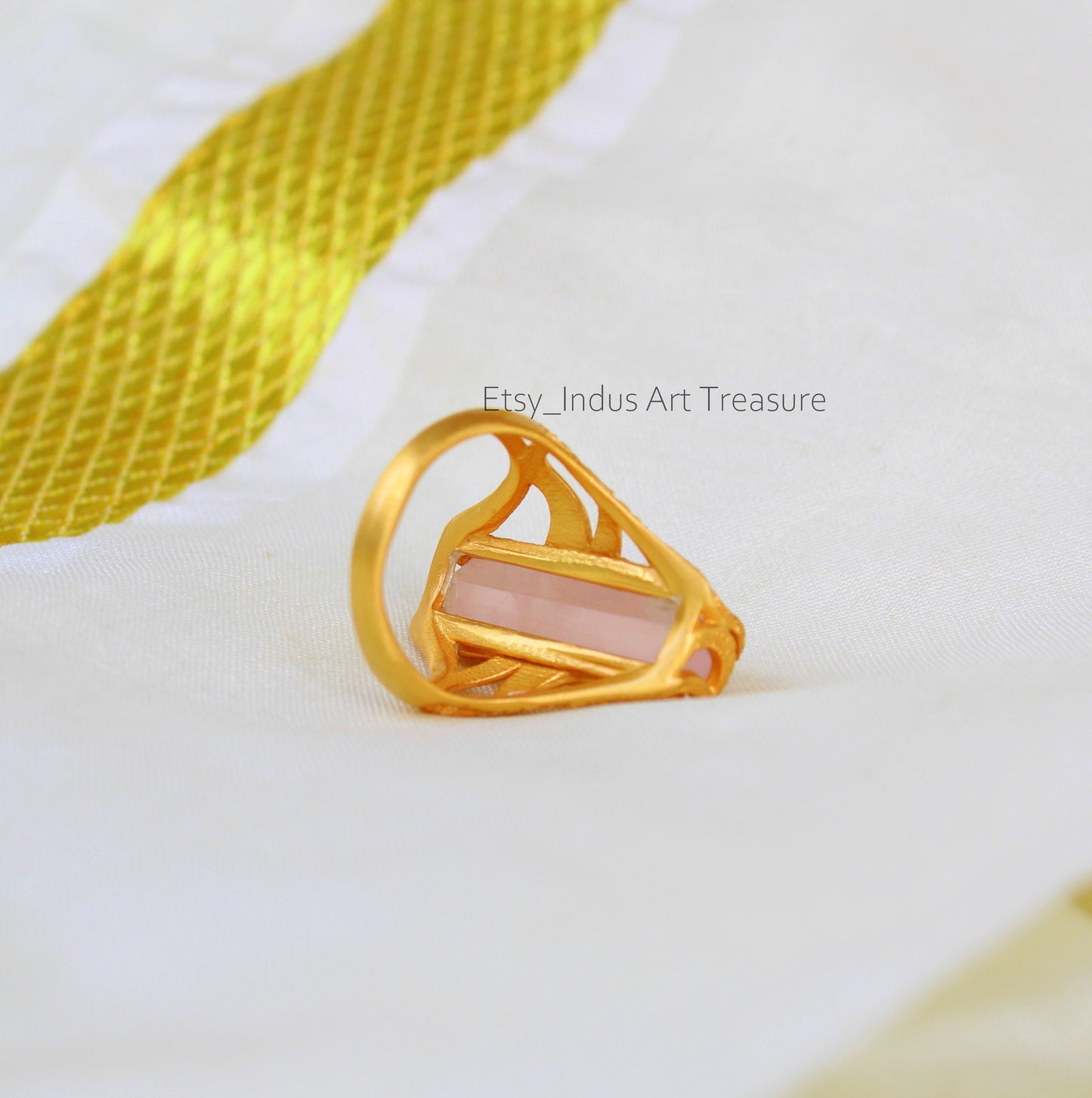 Rose Quartz Floral Embossed 18k Gold Plated Ring