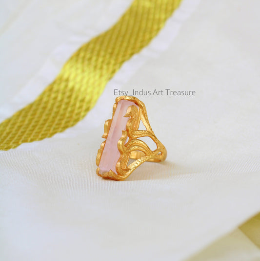 Rose Quartz Floral Embossed 18k Gold Plated Ring