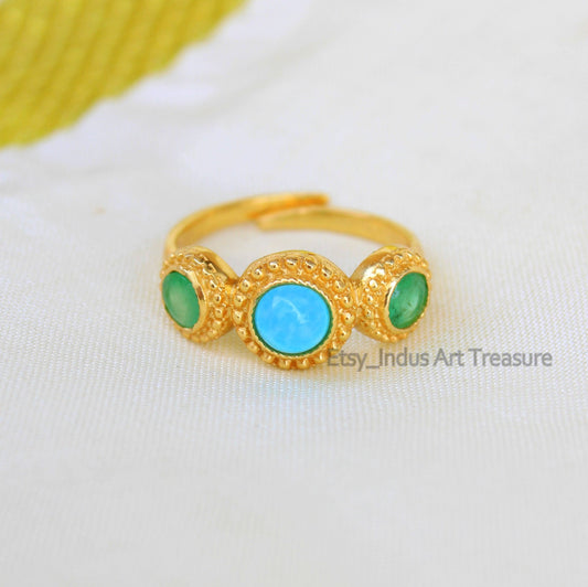 Blue Turquoise and Jade Gold Plated Ring