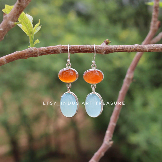 Orange Carnelian- Aqua Chalcedony Earrings