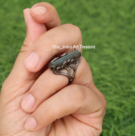Black Rhodium Blue Labradorite Statement Ring
