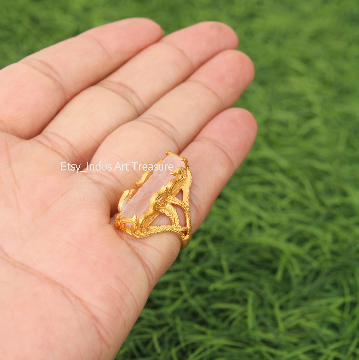 Rose Quartz Floral Embossed 18k Gold Plated Ring