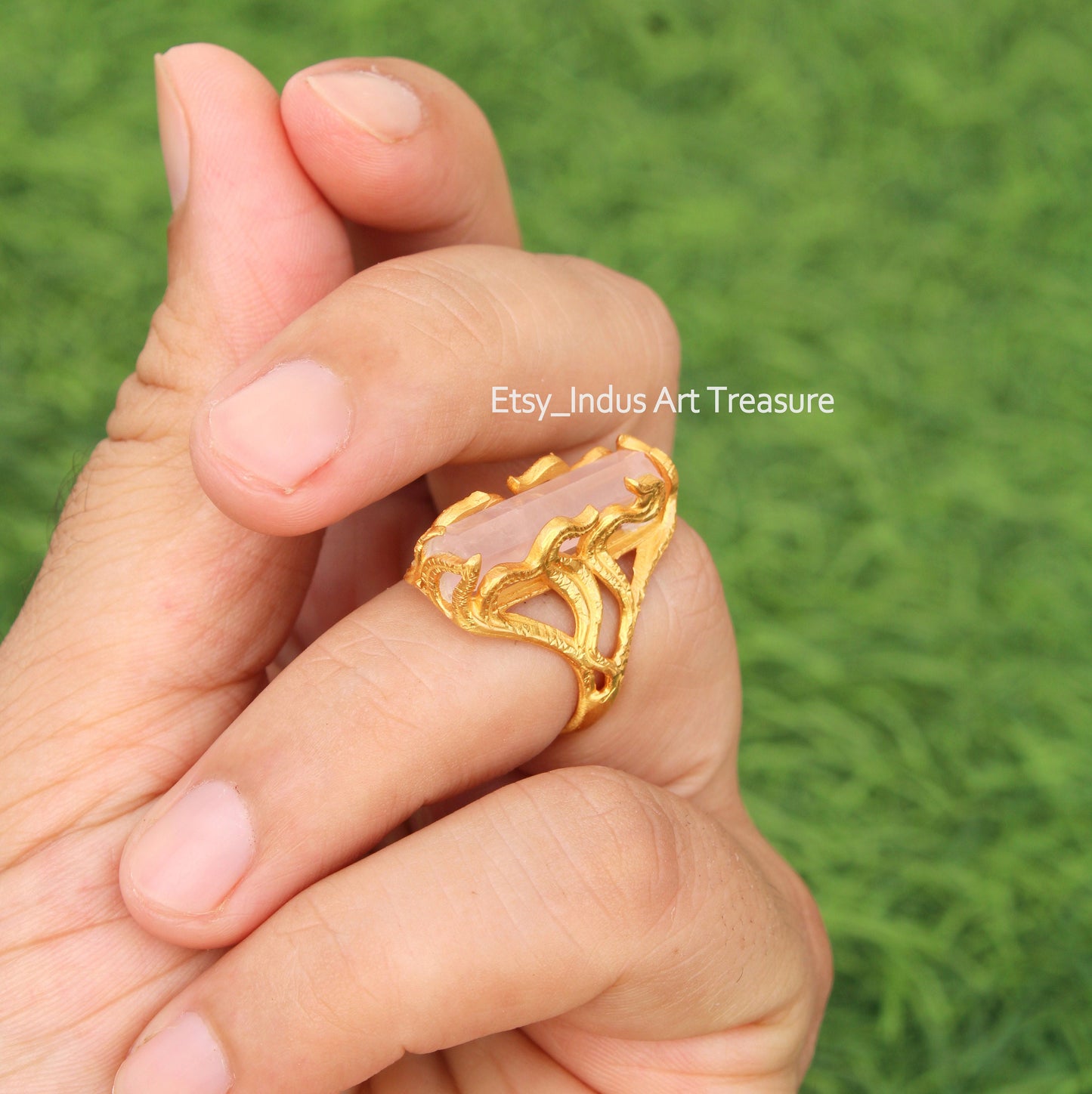 Rose Quartz Floral Embossed 18k Gold Plated Ring