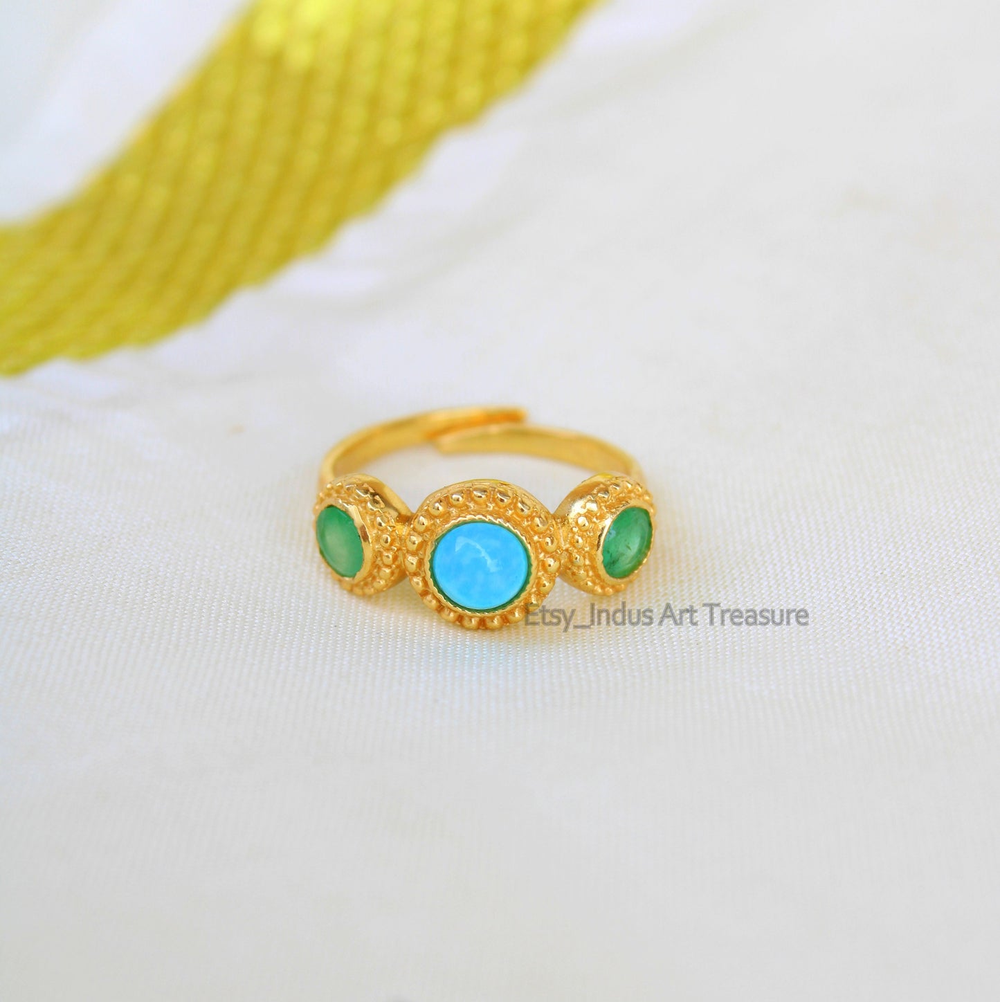 Blue Turquoise and Jade Gold Plated Ring