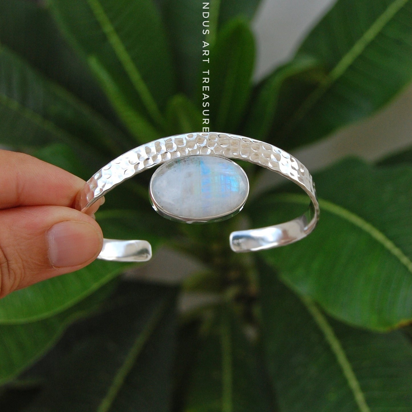 Rainbow Moonstone Hammered Bangle Bracelet