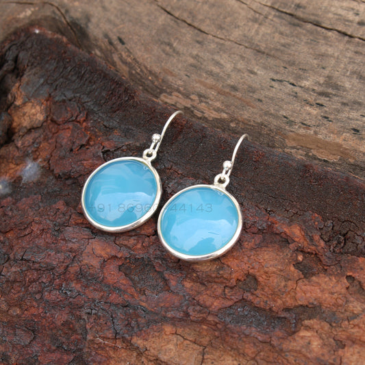 Aqua Chalcedony Big Round Earrings